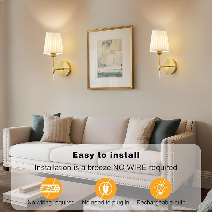 Battery Operated Wall Sconce Set of 2, 10000 Mah Rechargeable Wall Sconces Dimmable 12 RGBS,Remote Wireless Sconces,Gold Sconces Wall Decor Set of 2 Fabric,Cordless Wall Lamp for Bedroom,Living Room