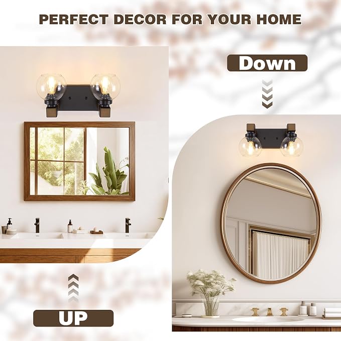 Farmhouse Bathroom Vanity Light, 2-Light Wood Bathroom Light Fixtures Over Mirror, Black Vanity Lighting Fixtures with Glass Shades, Rustic Bathroom Lighting for Living Room Bedroom Hallway