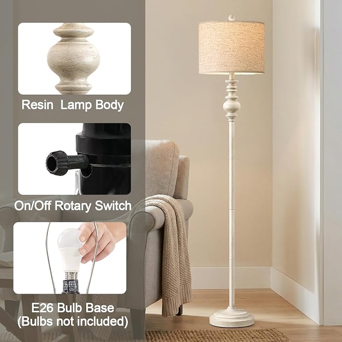 BOBOMOMO 64.25" Farmhouse Floor Lamp for Living Room Bedroom, Tall Antique White Standing Lamp with Rotary Switch, Vintage Corner Floor Lamp for Living Room & Office, Rustic Home Decor
