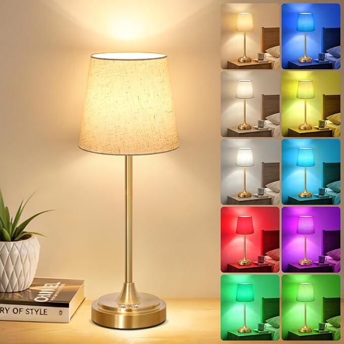 Wowag Cordless Table Lamp Rechargeable,5000mAh Battery Operated Desk Lamp,3 Colors & 7 RGB Stepless Dimmable,Touch Control Ambient Light for Bedside,Bedroom,Dining Room,Living Room,Gold,FlaxenShade