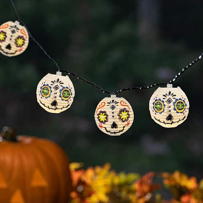 Abeja Halloween White Lantern String Lights, 8.5Ft Grimace White Nylon Lantern Lights with 10 Mini LED Bulbs, Halloween Outdoors String Light for Garden Home Party