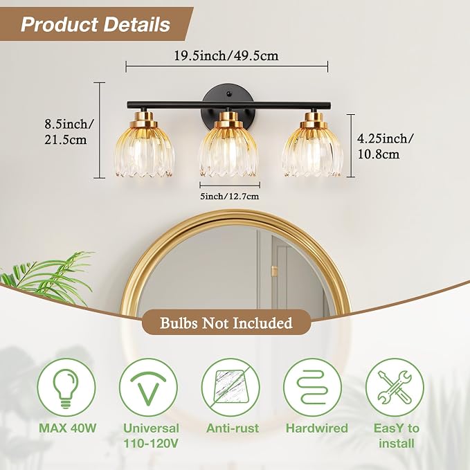 TALOYA Black Gold 3-Light Bathroom Vanity Light with Amber Tulip GlassShade | Modern Vanity Lighting Fixtures, Bathroom Lights Over Mirror, Wall Mount Mirror Light Fixtures for Bathroom Hallway Bedroom