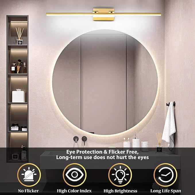 LED Bathroom Vanity Light, Modern Bathroom Light Fixture Over Mirror (3000K/4000K/6000K, Dimmable), Vanity Light Bar with Angle Adjustable, 40 Inch, Brass