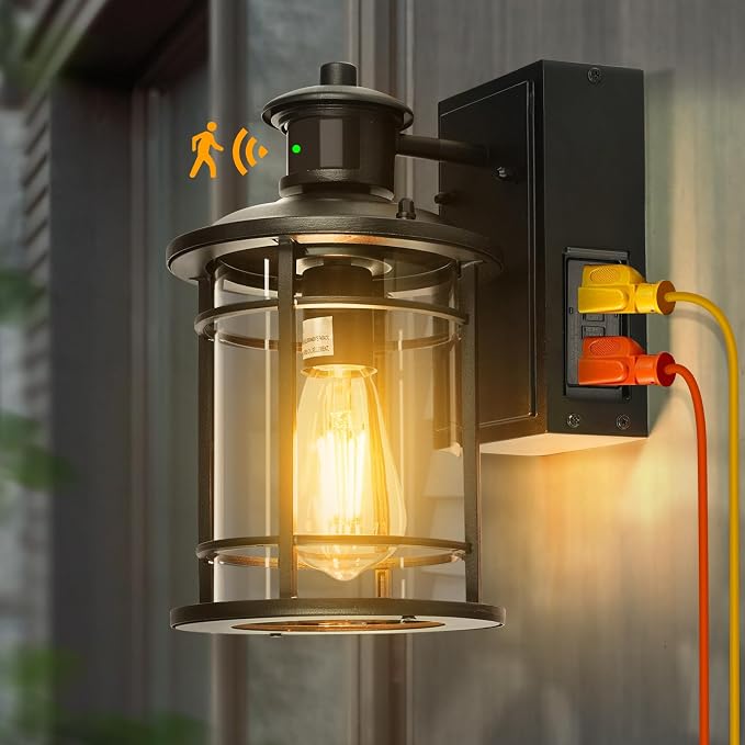 Retro Industrial Black Outdoor Wall Lights with GFCI Outlet - Dusk to Dawn & Motion Sensor Porch Light, 3 Modes, Waterproof Anti-Rust Exterior Sconce for Porch,Garage, Patio, House