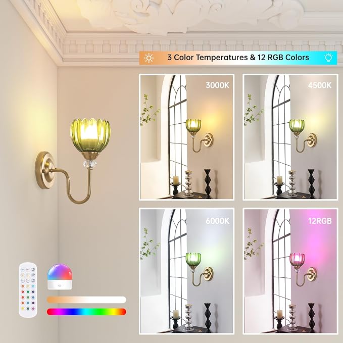 Set of 2 Vintage Battery Operated Wall Sconce, Rechargeable Wall Lamp with 5000mAh Battery & Remote Control, Dimmable Wall Lights with tulip shade for Bedroom Bathroom Living Room, (Tulip Green Up)