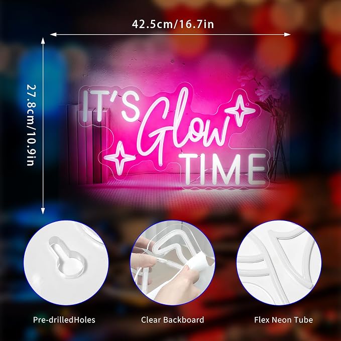 Neon Sign, Neon Signs for Wall Decor LED Signs Neon Light | It's Glow Time Neon Sign for Bedroom, Living Room, Business, Cafe, Bar, Party, Home Decor, Pink Decor, Gift, USB Powered
