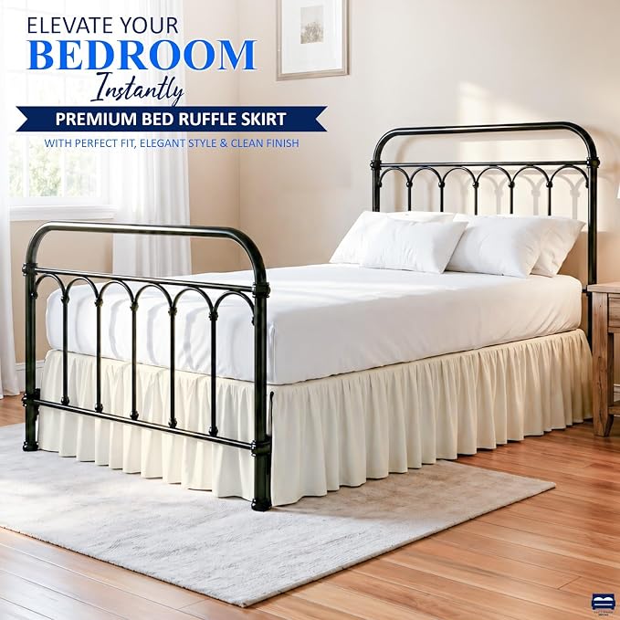 Ruffled Bed Skirt with Split Corners-Dust Ruffle - 21" Drop 100% Microfiber Soft,Sheen & Luxurious Look - Bed Skirts (Ivory -King)