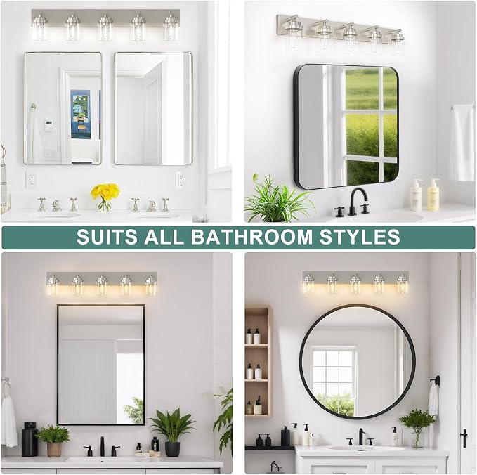 IZORRO Bathroom Vanity Light Fixture, 5-Light 36 Inch Brushed Nickel Bathroom Light Fixtures Over Mirror, with Clear Glass Shade, Modern Farmhouse Vanity Lights, Rustic Restroom Lighting Fixtures