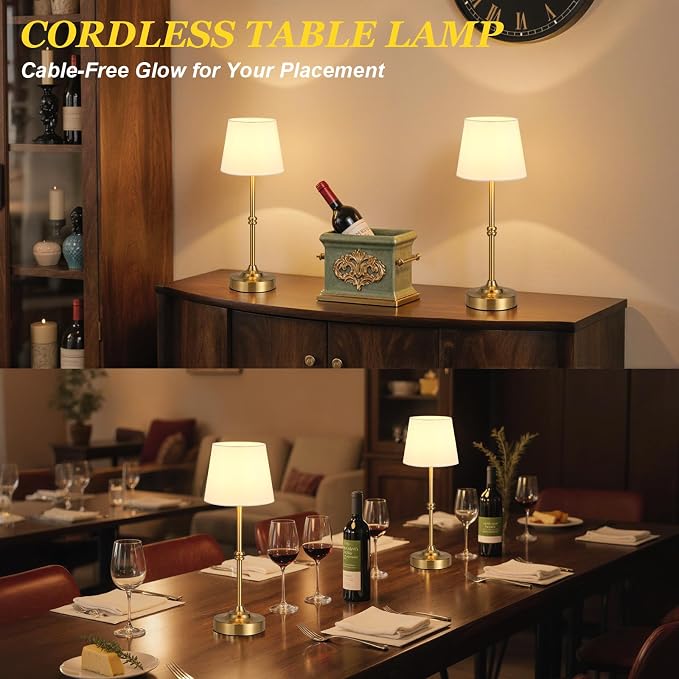 Kakanuo Rechargeable Cordless Table Lamp Gold - 2 Pack Brass 4000mAh Battery Operated Lamp, 3000K Warm Light, Touch Control Stepless Dimming, for Bedside, Dining Table, Home Decor