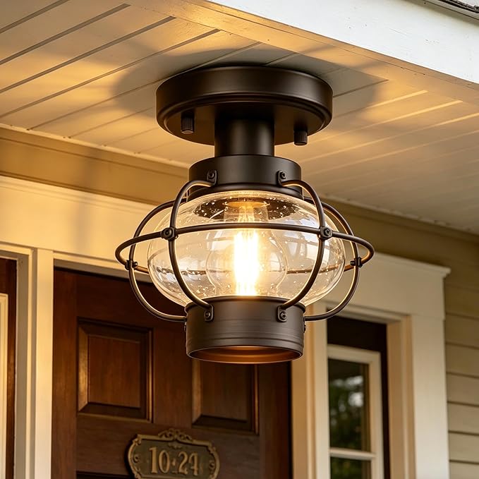 Porch Ceiling Light, Farmhouse Industrial Flush Mount, Glass Globe E26 | Indoor & Outdoor Use. For Hallway, Bedroom, Balcony, Stairway. Metal Build. Hardware Included. Easy Install.