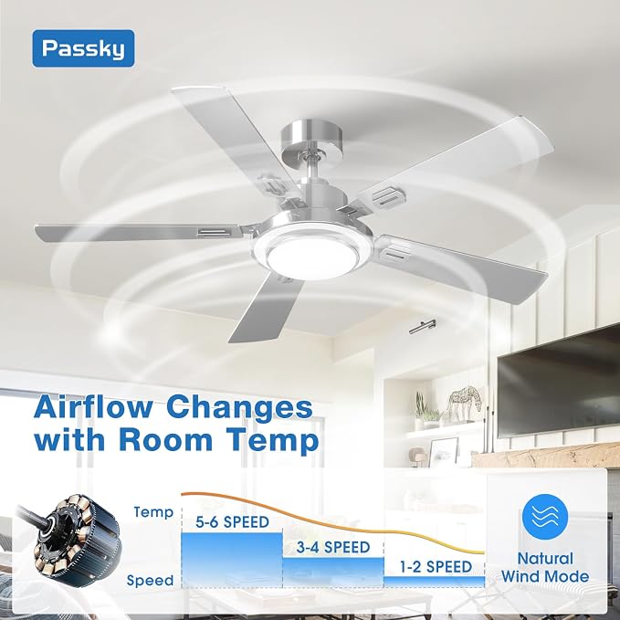 Passky 52 Inch Silver Sleek Ceiling Fans with 2-Ring Lights, Remote Control | 3-color dimmable light, quiet reversible DC motor, easy install, memory, Timer, bedroom, covered outdoor areas