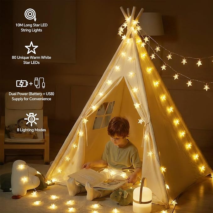 33Ft 80LED Star String Lights Battery and USB Operated, Warm White Star Fairy String Lights,Waterproof for Home Indoor Bedroom Wedding Room Dorm Wall Window Tent LoftBed Patio Party Decor