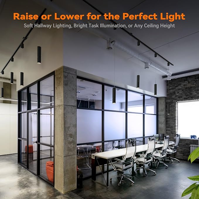 LEONLITE 5CCT Zoomable LED Track Pendant Light, 1600LM Adjustable Height H Track Pendant Lighting, ETL, Dimmable, Beam Angle 10°–70°, Commercial Retractable Hanging Light for Cafe, Black, Pack of 3
