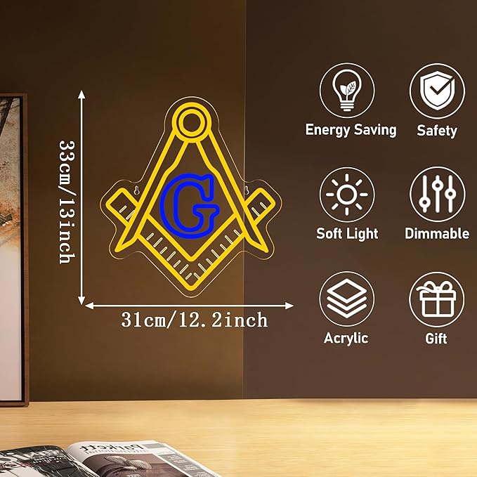 Mutank Masonic Neon Sign, USB Powered Dimmable LED Neon Light Symbolic Decor, for Brotherhood Historical Wall Game Room Study Man Cave Wall Decor, Gifts for Freemasons and Brothers(12.9 * 12.2 In)
