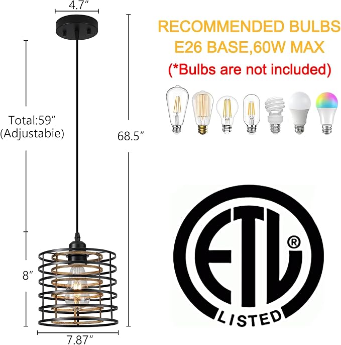Farmhouse Pendant Lights Kitchen Island, Kitchen Hanging Light Fixtures Wood Grain Cage Metal Lighting for Dining Room Bedroom Bar Office Entryway Hallway, Industrial Black, 1 Pack