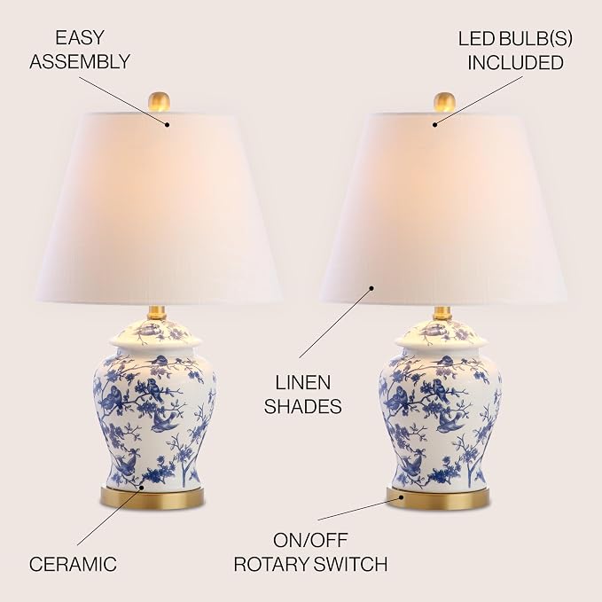 JONATHAN Y Penelope Ginger Jar 22" LED Table Lamp, Blue/White, Set of 2 | Chinoiserie, Ceramic Metal Construction, French Country Traditional, Linen Empire Shade, Brass Gold, LED Bulb Included