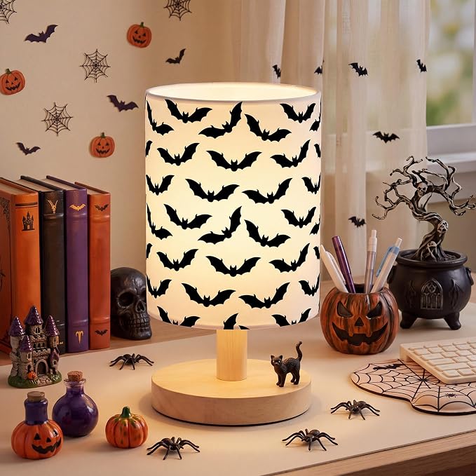 Bats Kids Table Lamp for Bedroom Kids Bedside Lamp with Linen Wooden Nightstand Cartoon Nursery Lampshade for Girls Boys Living Room