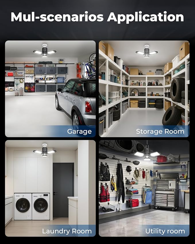 Motion Sensor Garage Lights 2 Pack, 8000LM Motion Sensor Shop Light w/ 3 Switch Modes, 6500K Indoor Motion Activated Light Bulb for Garage, Workshop, Laundry Room, Basement