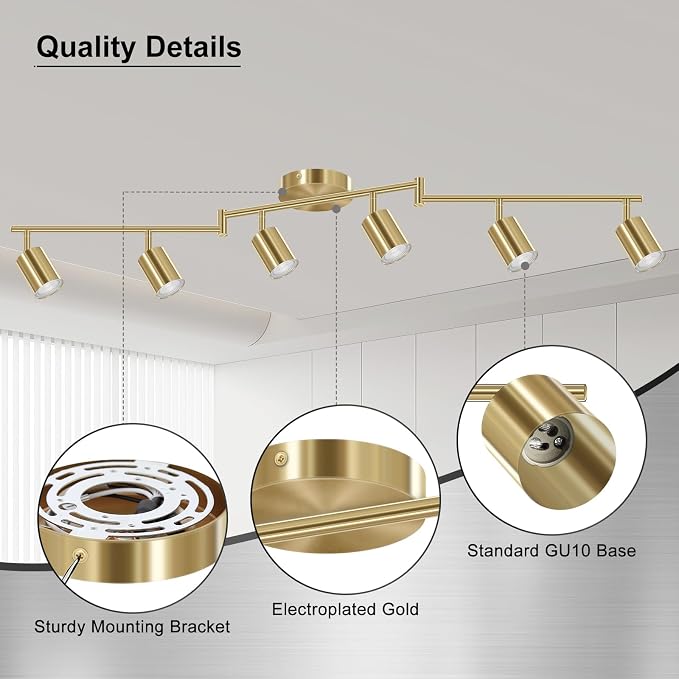 AUQUEE 6 Light Track Lighting Fixtures Ceiling, Gold Kichen Track Lighting Fixtures with Rotatable Light Heads, Foldable Lamp Arms, Modern LED Track Lights for Kitchen/Hallway, No GU10 Bulb