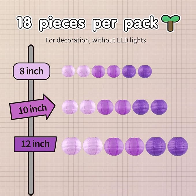 Chinese Paper Lanterns for Birthday Party Decorations – Hanging Rainbow Lanterns for Ceiling Decor, Classroom, Wedding, and Home Party – Pack of 18,Purple and Dark Purple(8/10/12-Inch)