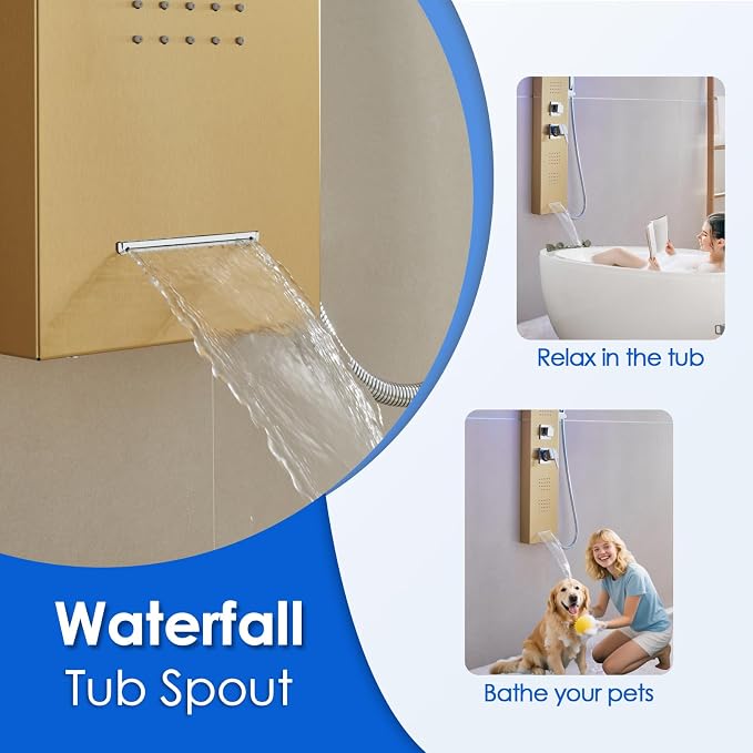 ROVOGO Gold Shower Panel Tower System W/Led Lights & 5 Shower Modes, 46.5" | Rainfall Waterfall Shower Head, 4 Body Massage Jets, Handheld and Tub Spout, Stainless Steel Shower Column with Brass Valves