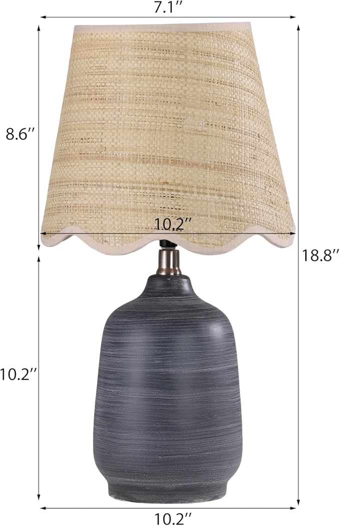19" Modern Ceramic Table Lamp for Living Room Cream Base Desk Lamps for Bedroom Farmhouse Bedside Nightstand Lamp End Table Lamps,White Striped Black Base,Rattan Shade
