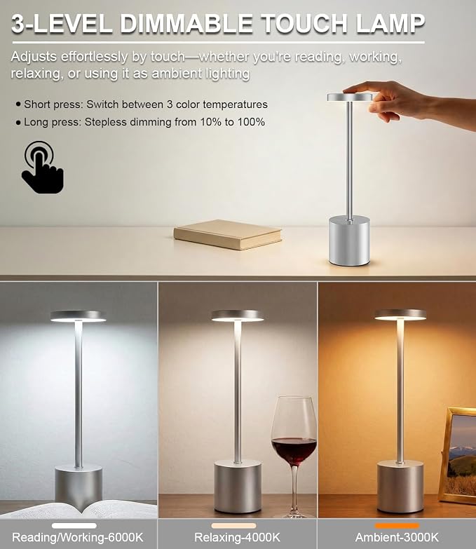 Silver Cordless Table Lamp Rechargeable - 2 Pack 5000mAH Battery Operated Lamp for Counter, 3 Color Stepless Dimming Waterproof LED Wireless Lamp for Dining Kitchen, Outdoor Patio, Touch Control