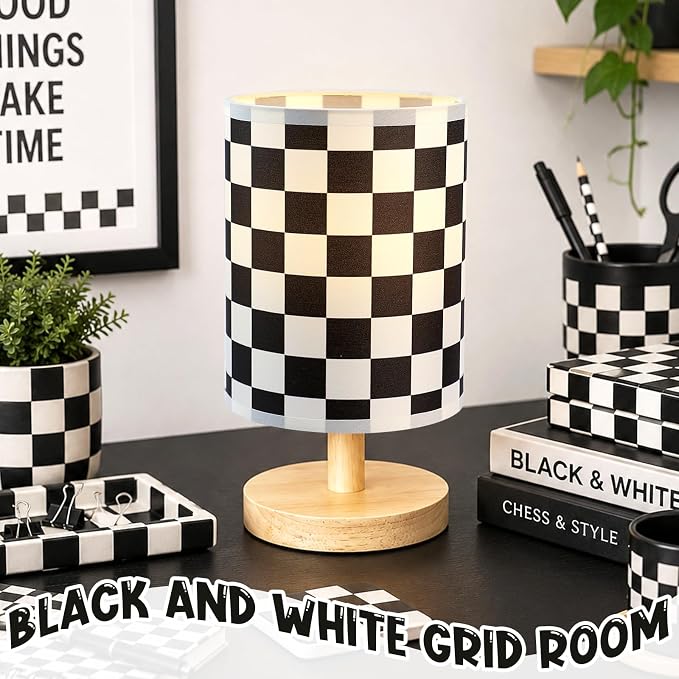 Checkered Bedside Lamp for Boys' Bedroom Kids, Bedside Lamp with Linen Wooden Nightstand, Checkered Lampshade Nursery Decor