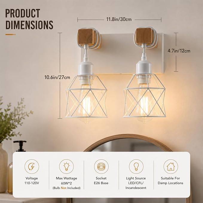 Farmhouse Vanity Light Fixture,2-Light Bathroom Lighting,White Modern Wood Wall Light Over Mirror with Metal Shade