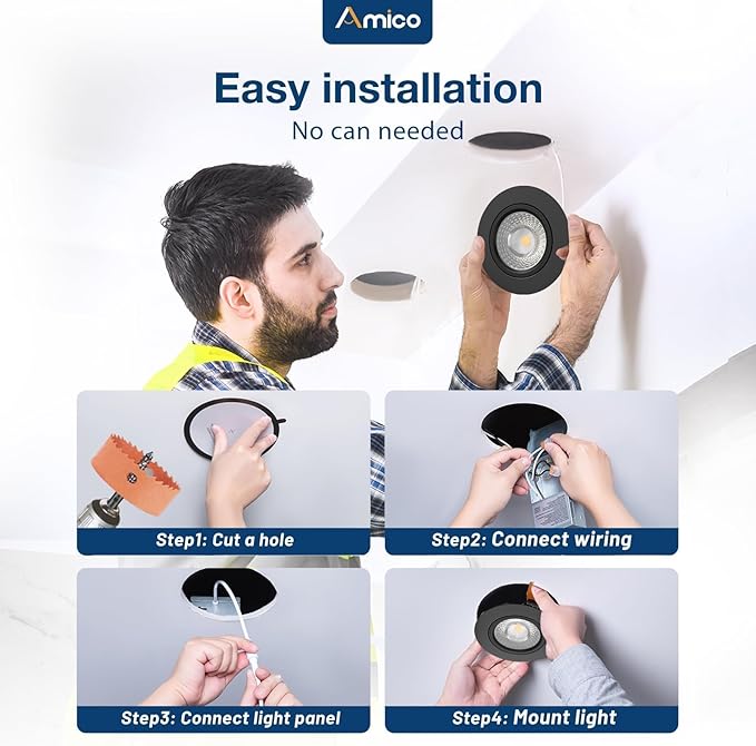 Amico 12 Pack 4 Inch 5CCT Gimbal LED Recessed Lighting, 360°&90°Adjustable Eyeball Directional Downlight, Dimmable, 2700K/3000K/3500K/4000K/5000K Selectable, 9W 700LM CRI90+, Black, ETL&FCC