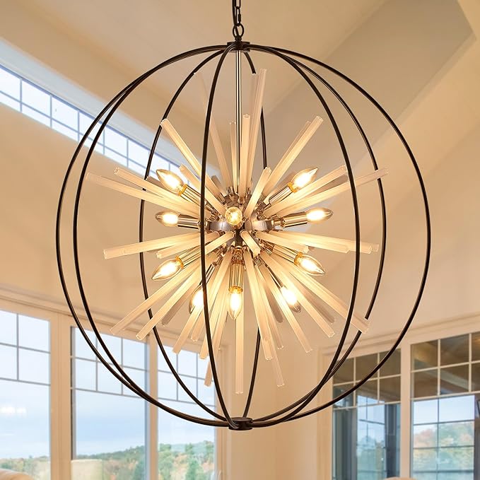 31.5" Black Gold Large Globe Sputnik Chandelier, 16-Light Mid Century Modern Industrial Starburst Golden Satellite Light Fixture for High Ceiling Living Room Dining Room Foyer Stairway,E12