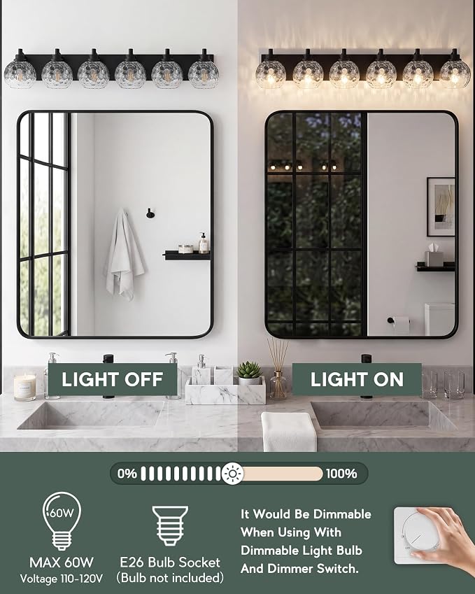 6-Light Black Bathroom Vanity Light, Hammered Glass Globe Shade | 38 Inch matte black modern bathroom light fixture over mirror, UL listed, E26 bulbs, hardwired, upward only, VL200-MB-CL-6