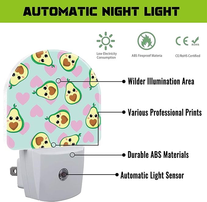Avocado and Pink Hearts Night Light for Kids,Cute Cartoon Avocados Plug in Night Light with Dusk to Dawn Sensor, 0.5w Energy Saving Nightlight for Hallway Stairway Kitchen Bedroom