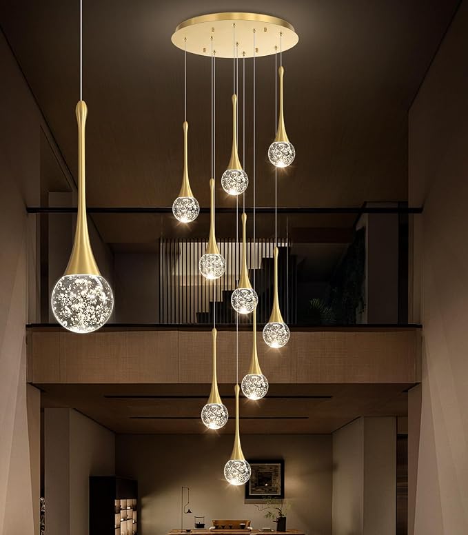 9 Light Modern Glam Crystal Chandelier for High Ceiling LED Dimmable Ceiling Pendant Light Staircase Foyer Enterway Living Room Chandelier Lighting Antique Gold