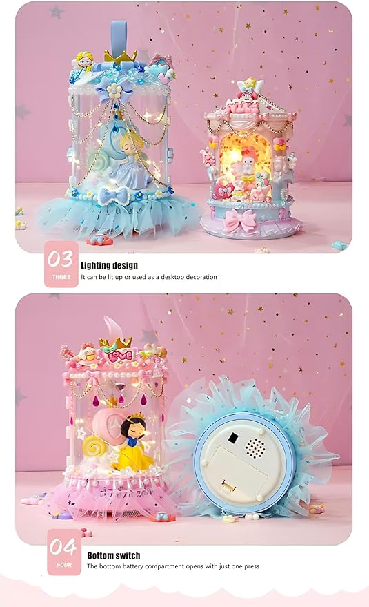 Disne Princess Rotating Music Box, Suitable as an Anniversary, Christmas, or Birthday Gift for Girls, Moms, Friends, and Daughters. This Cartoon Rotating Music Box Comes with Lights. (Blue Princess)