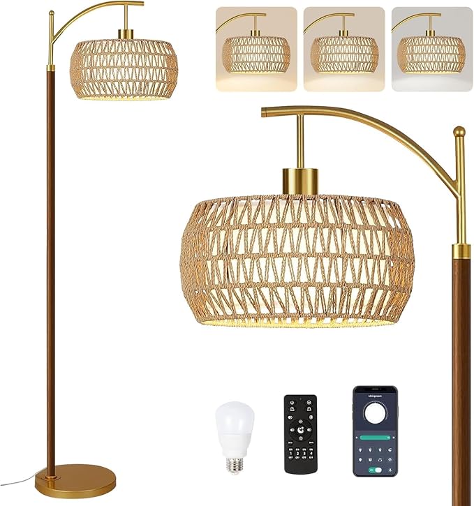 ZECOXOL Wood Floor Lamps for Living Room Arc Boho Floor Lamp with Remote Control & 3 Color Temperatures,Vintage Wicker Rattan Standing Lamp Dimmable Tall Floor Lamp for Bedroom Living Room Corner