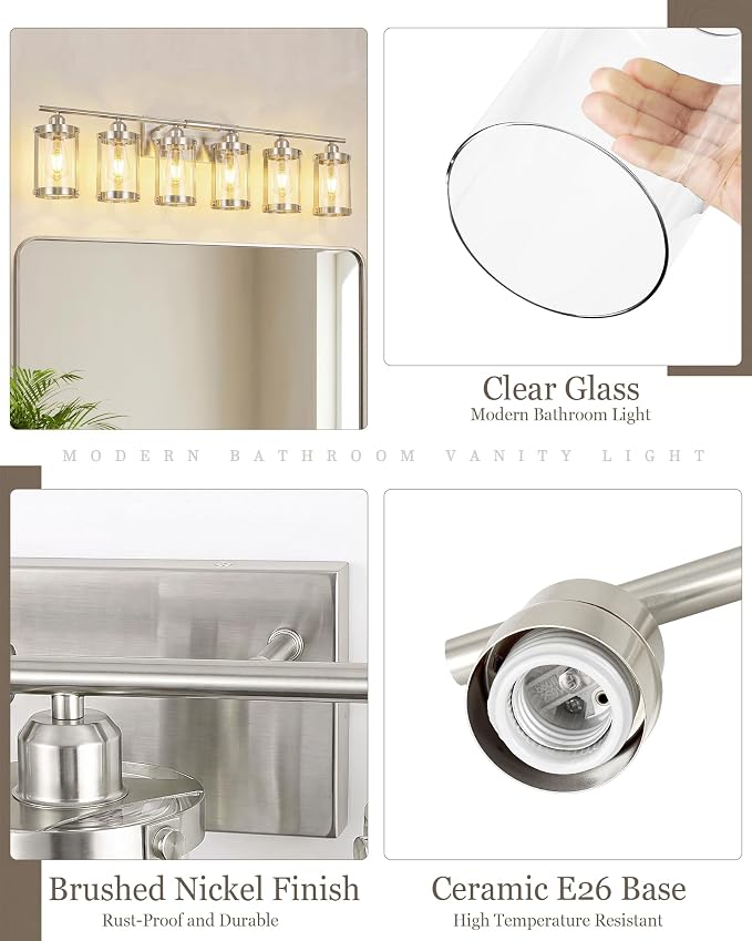 6-Light Brushed Nickel Bathroom Light Fixtures Over Mirror with Clear Glass and Metal Cage Shade, 42" UL-Listed Modern Farmhouse Wall Sconce for Bath, Hardwire E26, OS-3014BN-6W