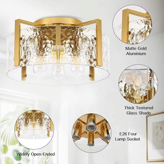 16'' Gold Semi Flush Mount Ceiling Light, 4-Light Glass Drum Light Fixtures | Modern Ceiling Lights for Hallway Entryway Bedroom Bathroom Kitchen Canteen Laundry Room Lighting Fixture Bulbs not Included