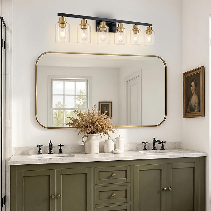 6-Light Vanity Lights Bathroom Light Fixtures,Black and Gold,37" | Modern Bathroom Vanity Light over Mirror with Clear Glass Shade,Farmhous Wall Mounted for Bathroom,E26 Base