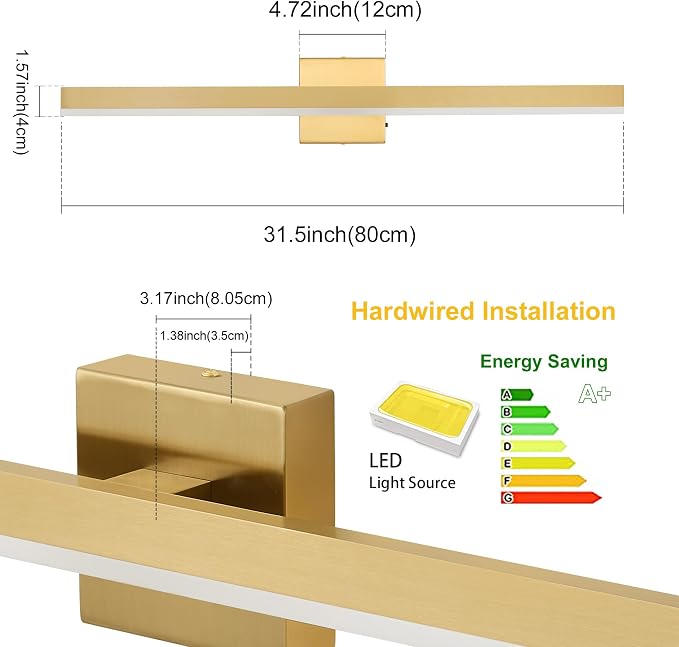 Gold Bathroom Vanity Light Fixture 31.5'' 20W Dimmable 5CCT LED Hardwired | Bathroom Light Fixture Over Mirror, Bathroom Wall Sconce, Rust-resistant, ETL Certificated, 2700K/3000K/3500K/4000K/5000K