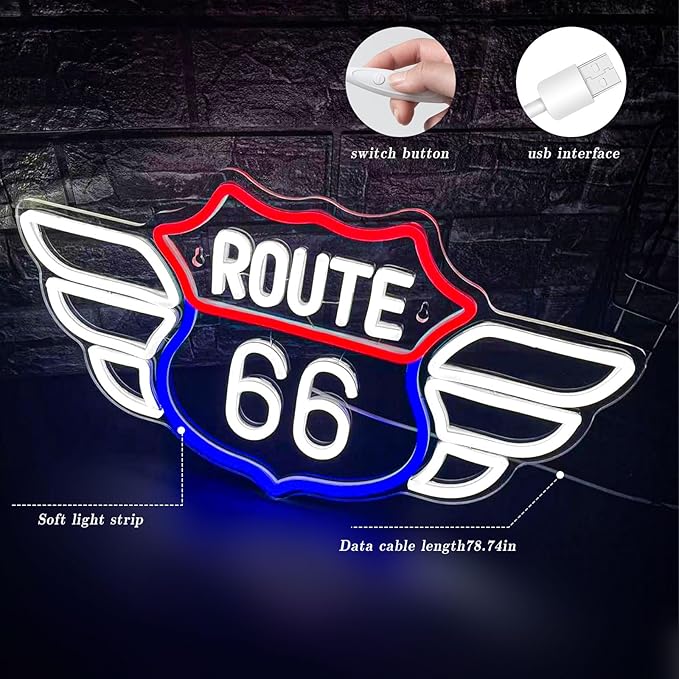Route 66 Neon Sign Vintage Route 66 Garage Wall Decor Dimmable Us High Way Led 66 Road Sign for Man Cave Garage Neon Lights for Bedroom Party Gift