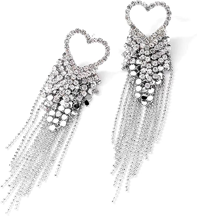 Luxval Rhinestone Earrings Dangling for Women Sparkly Silver Dangle Earrings Girls Long Chandelier Earrings Tassel Lightweight Ear Studs Cubic Zirconia Crystal Statement