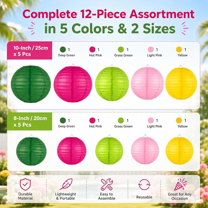 12 Pcs Paper Lanterns Party Decorations, 8 and 10 in Hanging Round Lantern Lamps for Luau, Flamingo, Summer Hawaiian Birthday, Party Decor (Dark Green, Hot Pink, Grass Green, Pink, Yellow)