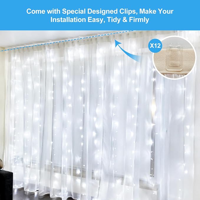 200 LED Fairy Curtain Lights, 6.6 x 6.6 FT Warm White USB Plug in 8 Modes String Hanging Lights with Remote for Christmas, Bedroom, Indoor, Outdoor, Weddings, Party (Cold White)