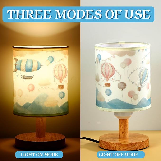 Hot Air Balloon Kids Table Lamp for Bedroom Kids Bedside Lamp with Linen Wooden Nightstand Cartoon Nursery Lampshade for Girls Boys Living Room