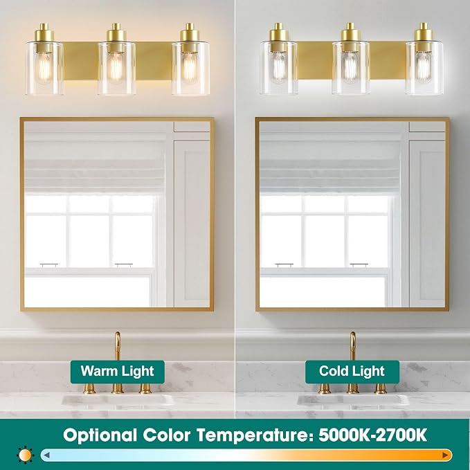 Dpyrrhic Gold Bathroom Light Fixtures,3-Light Bathroom Lights Over Mirror with Clear Glass Shade,Gold Vanity Light Wall Sconces for Kitchen Living Room Bedroom