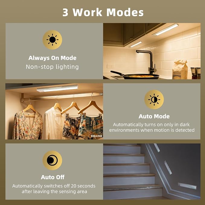 14 inch Dimmable Under Cabinet Lighting, 58 LED Rechargeable Battery Motion Sensor Light Indoor, Stick On Magnetic Closet Lights, Under Counter Lights for Kitchen, Stairs, Warm Light 5 Pack