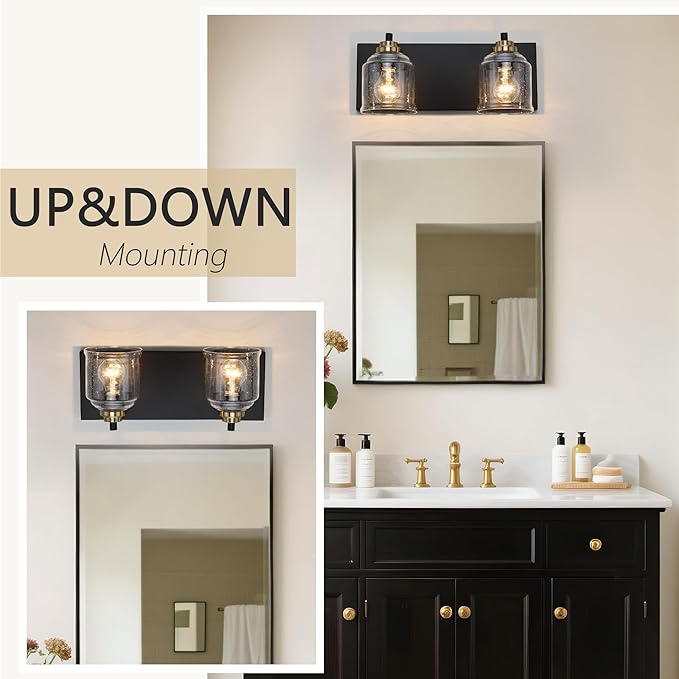 Vanity Lights for Bathroom Large 15.8", Farmhouse Rustic Vanity Light with Bubble Glass Shades, Black and Gold 2 Light Bathroom Lighting Fixtures Over Mirror, Bath Wall Sconce Home Decor