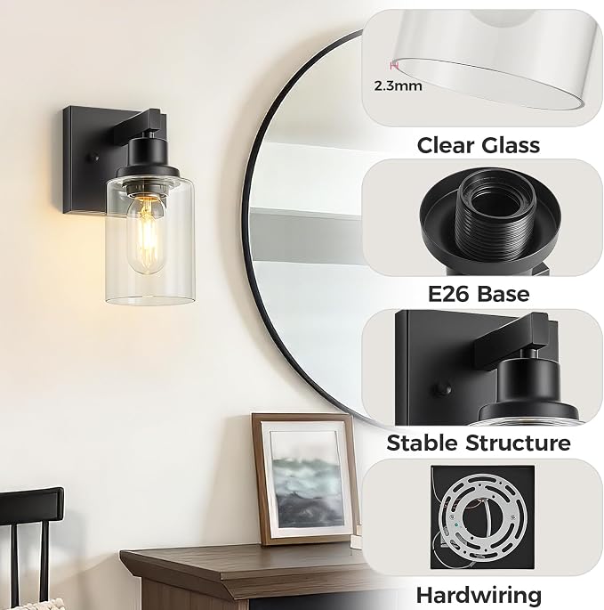Set of 2 Wall Sconces for Bathroom, Black Bathroom Vanity Light,Modern Wall Sconces Indoor with Clear Glass,Farmhouse Wall Lamp for Bedroom Living Room Mirror Hallway