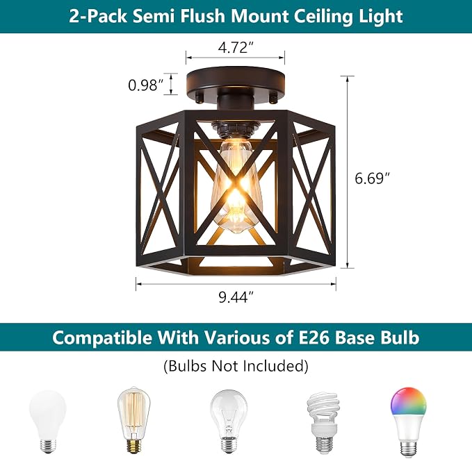 XSDeTu 2 Pack Farmhouse Semi Flush Mount Ceiling Light, Industrial Black Hallway Light Fixture, Small Metal Cage Close to Ceiling Lights for Kitchen Sink Porch Bedroom